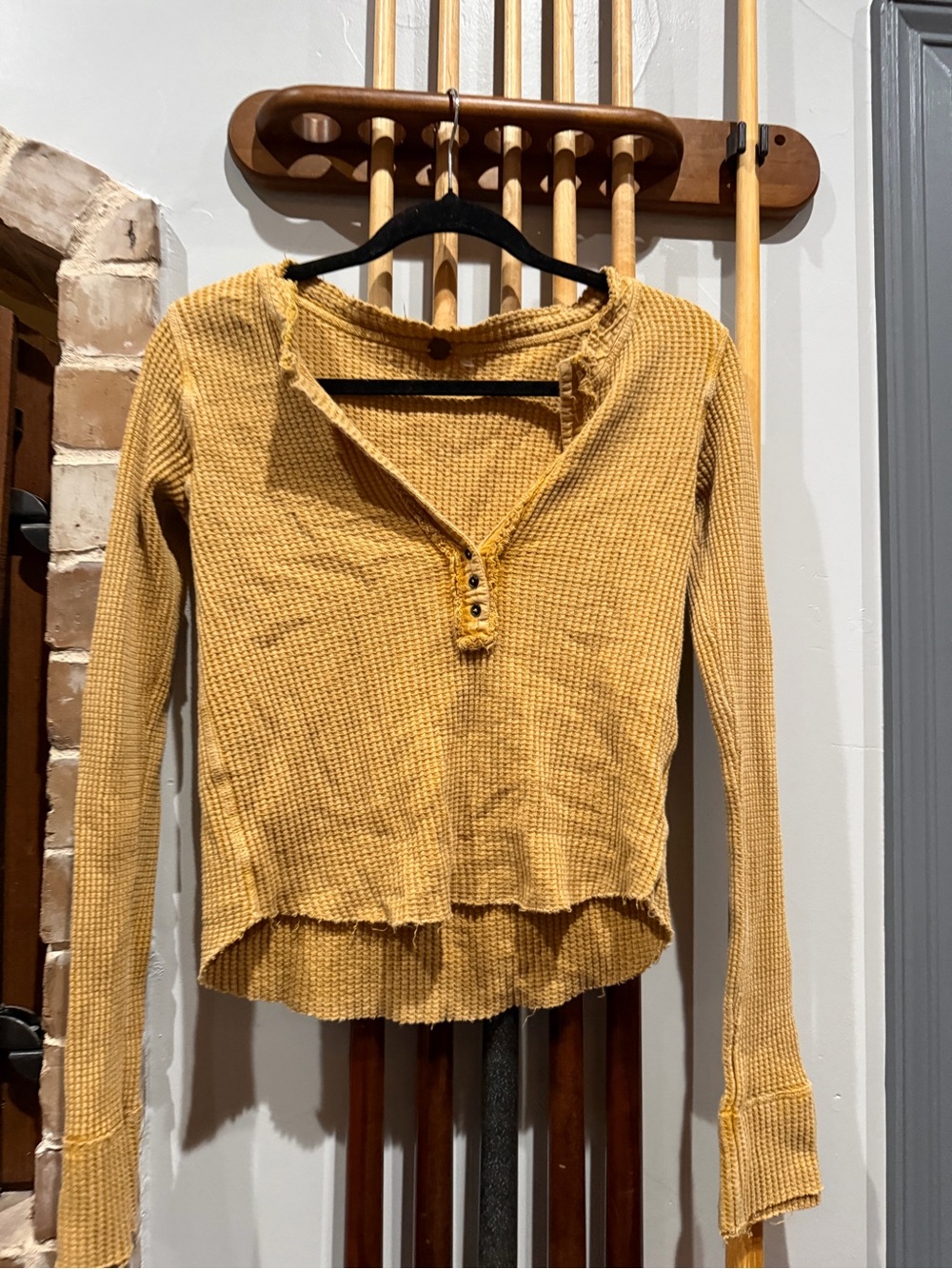 Free People Mustard Waffle Henley Long Sleeve Top
